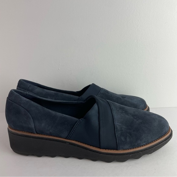 Clarks Navy Blue Suede Sharon Wedge Pump Loafer - Picture 2 of 7